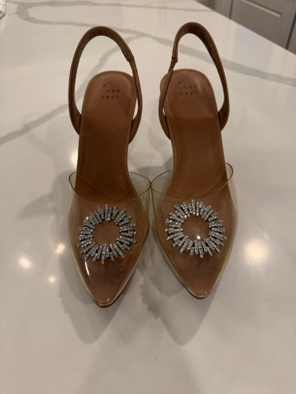 A New Day Slingback Heel. 9.5. Clear With Jeweled Accent. Never Worn. NWOT